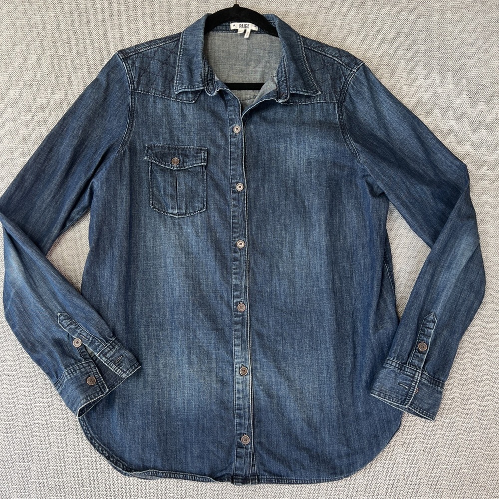 Paige Shirt Chambray Denim Long Sleeve Women's Size L Blue Button Front Pocket